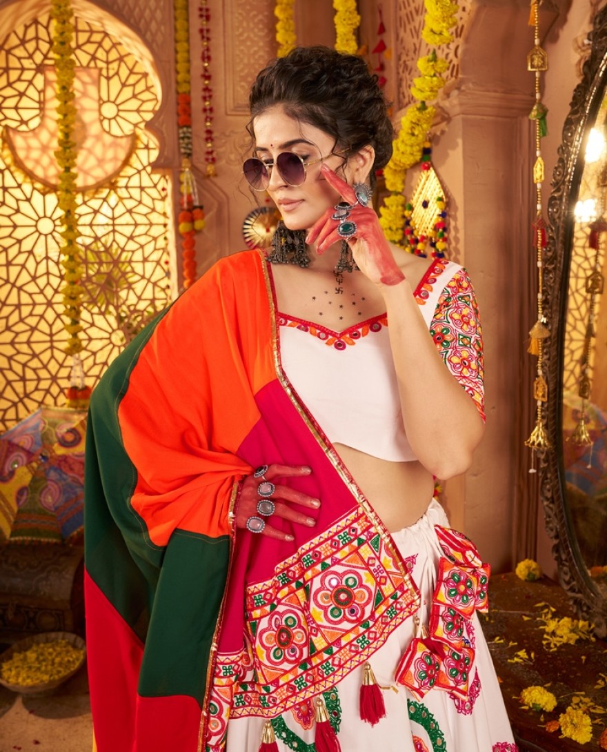 11014 - Pretty White Mirror Work Navratri Wear Lehenga Choli With Dupatta